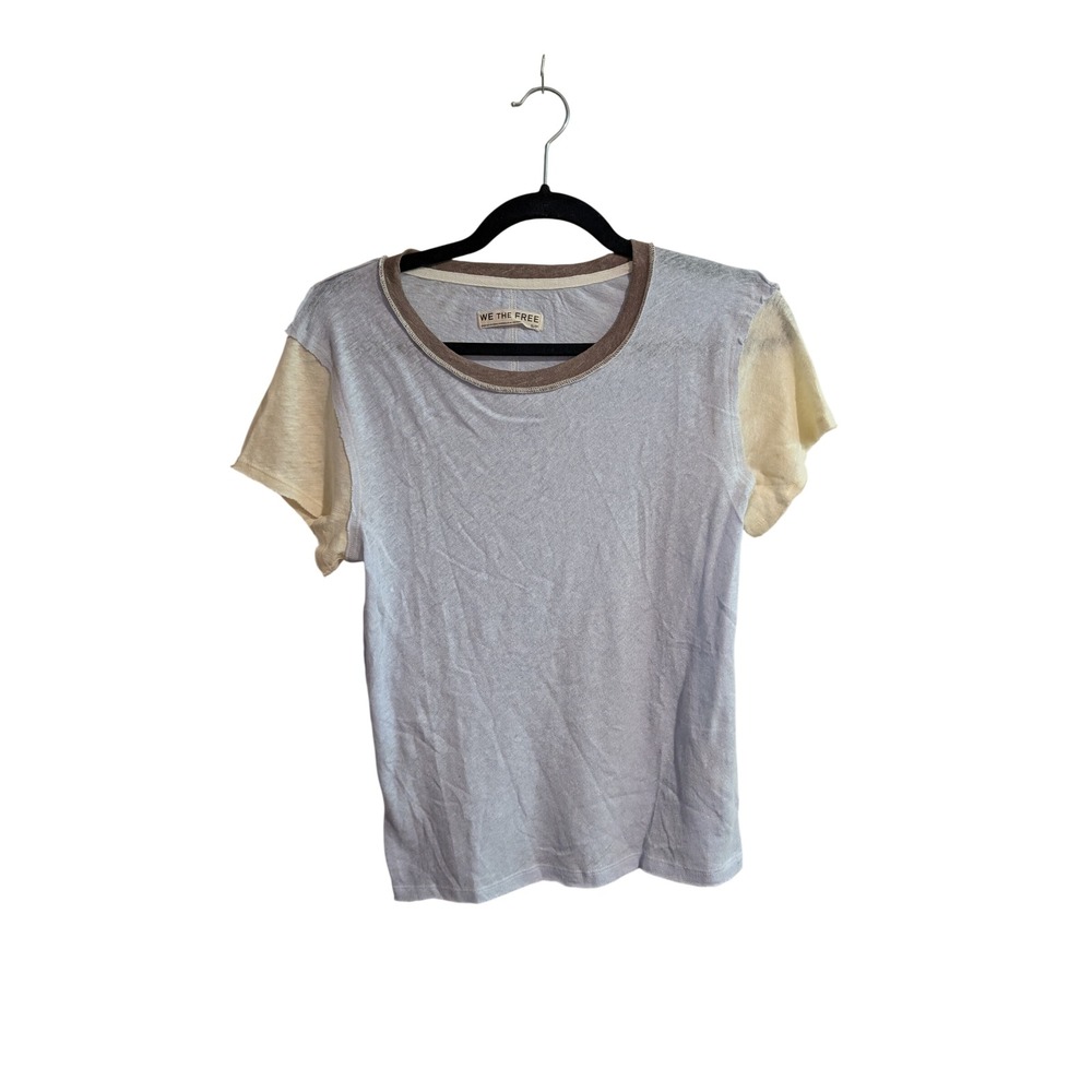 We The Free T-Shirt Womens Small Blue Yellow‎ Colorblock Linen Blend Ringer Tee
